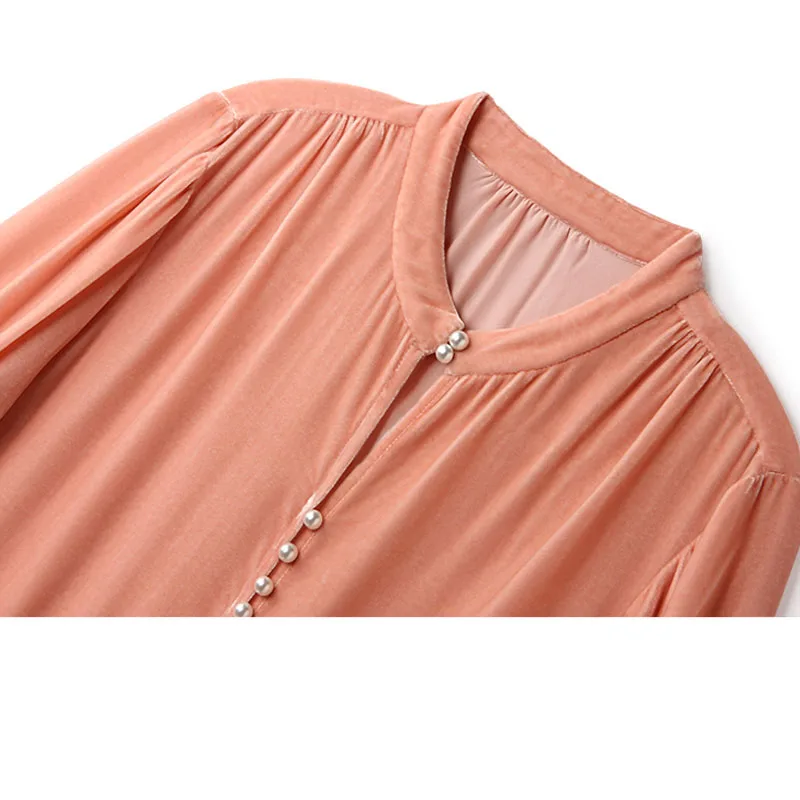 Весенне-осенняя шелковая бархатная розовая рубашка с длинными рукавами блузка