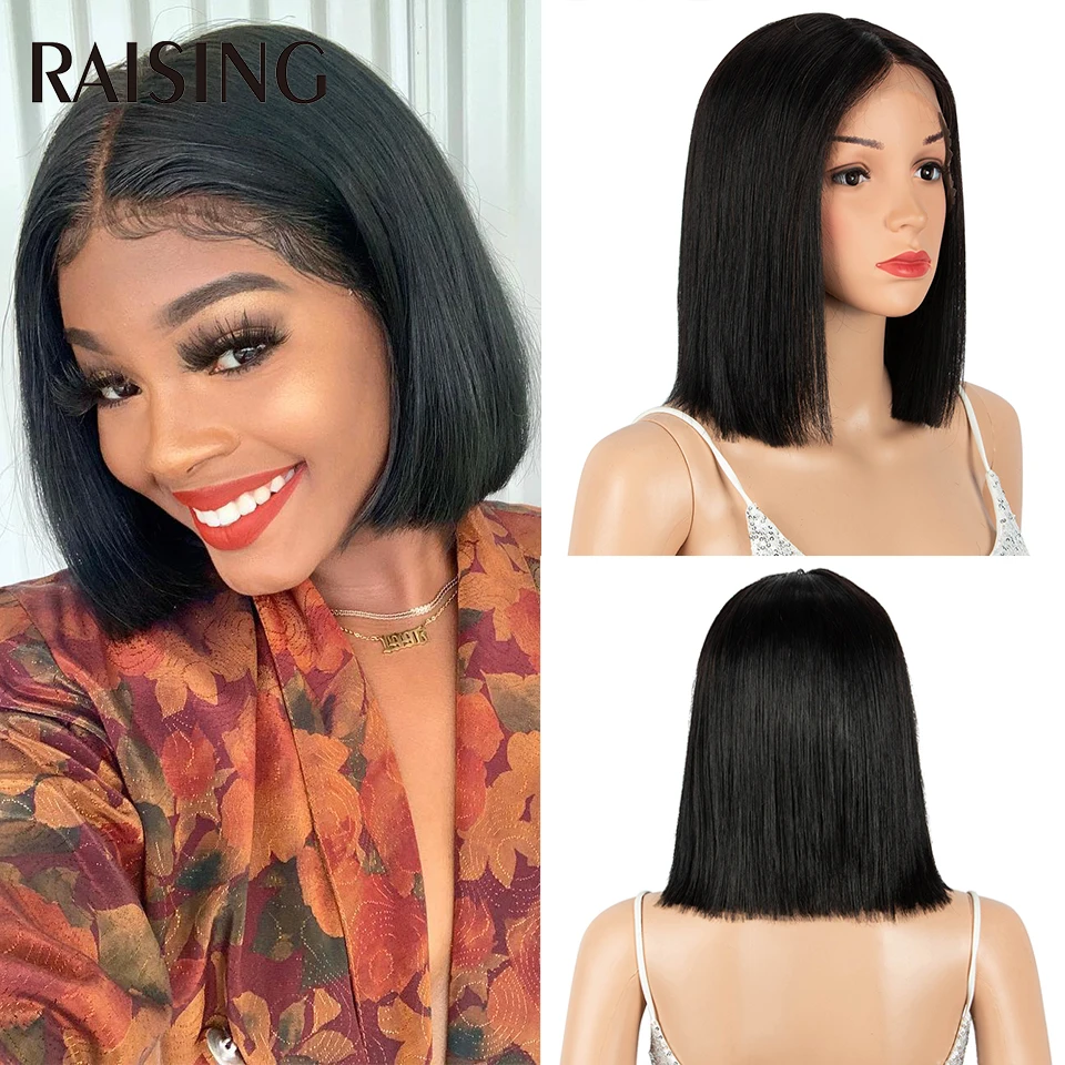 Raising Human Hair Lace Front Wig Brazilian Straight Bob Wigs For Black Women 10-16 inches Natural Black Hair Wig With Baby Hair