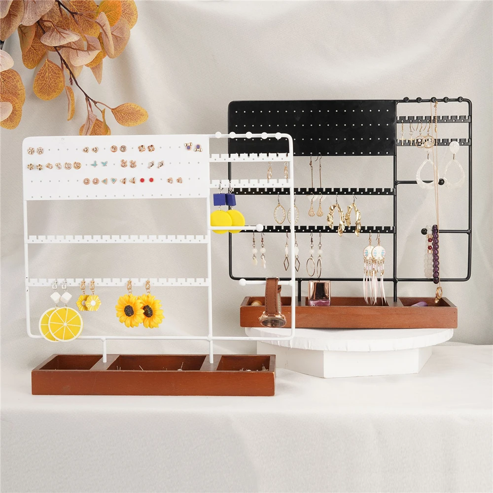 

130 Hole Iron Art Metal Earring Organizer Jewelry Bracelet Necklace Holder Stand Ear Studs Display Rack Wood Storage Box Base