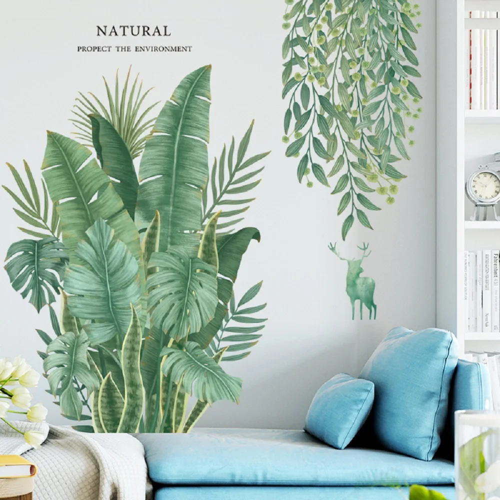 

Tropical Green Leaves Wall Stickers For Bedroom Living Room Sofa TV Background Wall Decor Removable Vinyl Wall Decals Home Decor