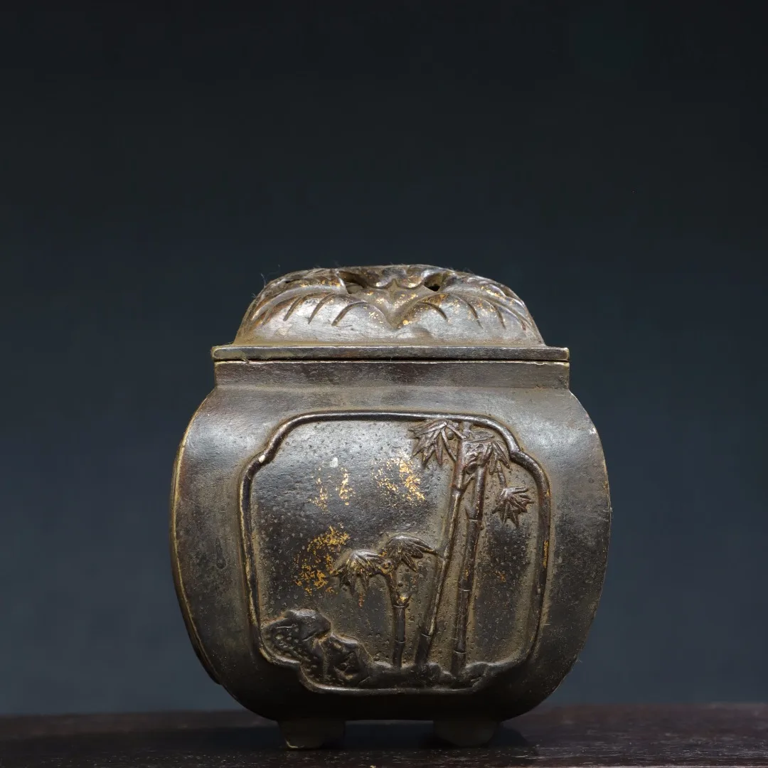 

5"Tibet Temple Collection Old Bronze Cinnabar Gilding hollow out Seasonal flower pattern incense burner Amass wealth