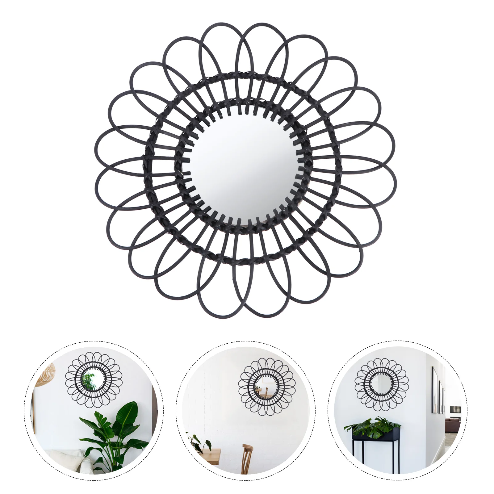 

1Pc Wall Hanging Mirror Rattan Woven Mirror Rattan Mirror Adornment (Black)