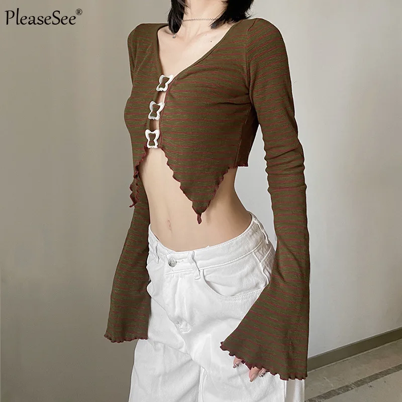 Женский винтажный кардиган в полоску короткий топ с расклешенными рукавами