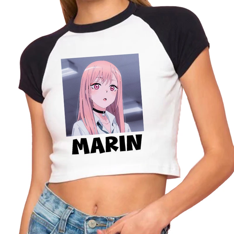 

Kawaii Anime Marin Woman Clothes White Short Letter Print Short-sleeved T-shirt Women's Harajuku Slim Top Summer Y2K Crop Top