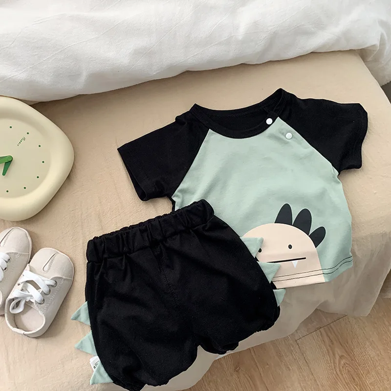 

2023 Summer Cartoon Cute Boy Girl Baby Cool Tees Suit Children Print Splicing Tops + Solid Shorts 2pcs Kid Cotton T-shirt Suit