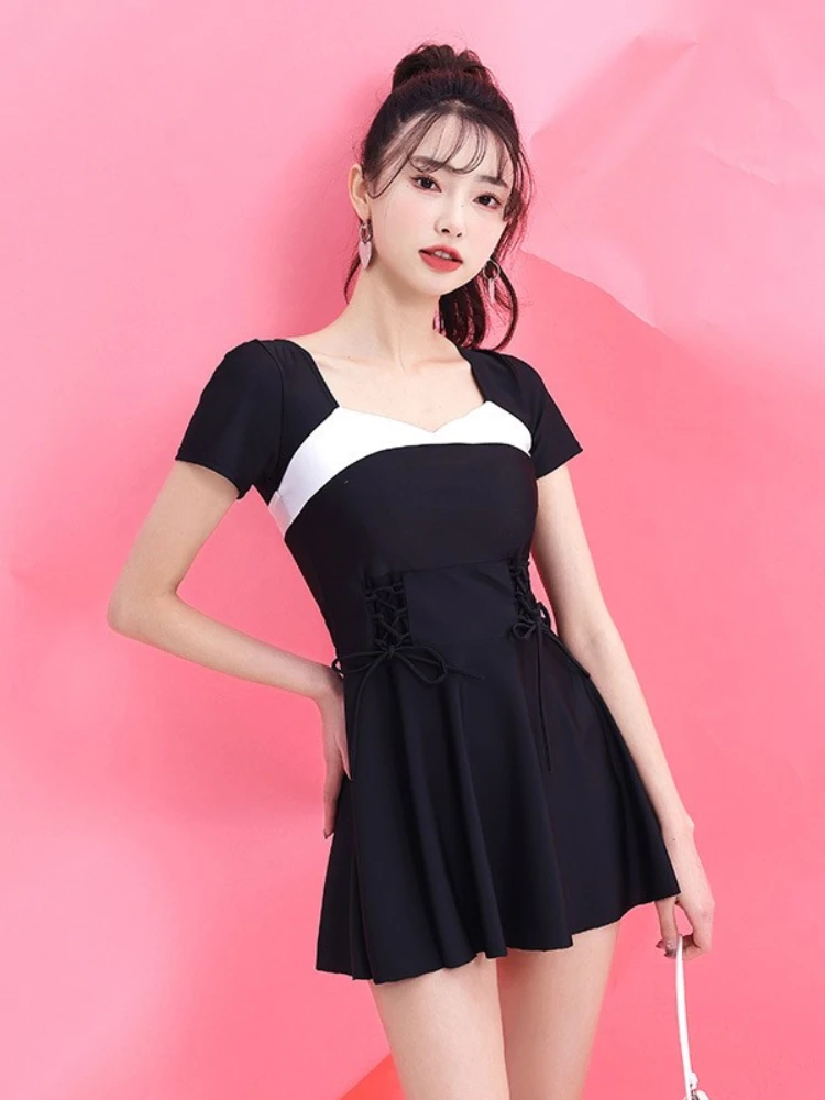 

Swimwear Ladies Korea 2022 New Swimsuit Women Quare Collar Sexy Swim A-line Dress Split Gather Small Fresh Beach Swimsuit Women