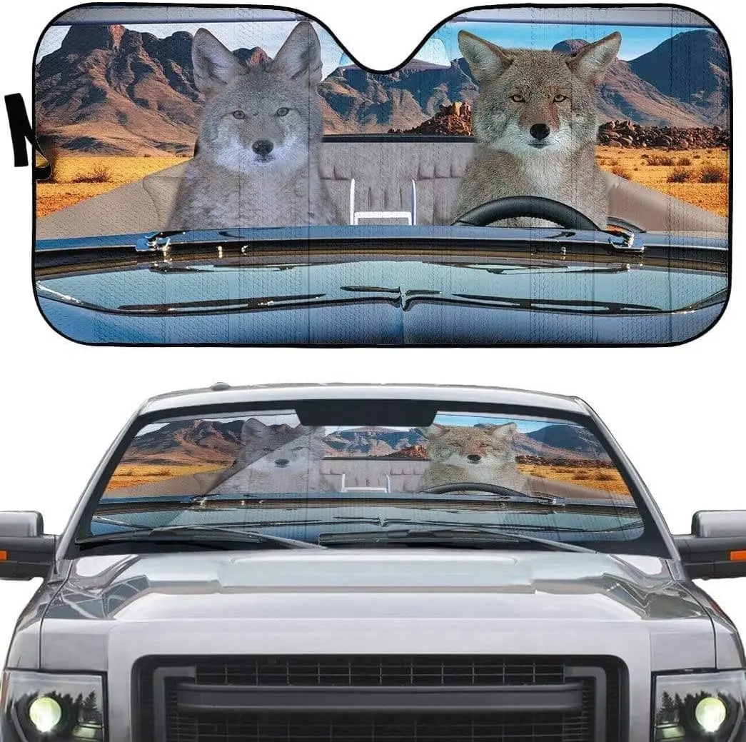 

Coyote A Ride In The Desert Left Hand Drive Car Sunshade, Funny Coyote Couple Driving At Sunset Auto Sun Shade, Coyote Wild Anim
