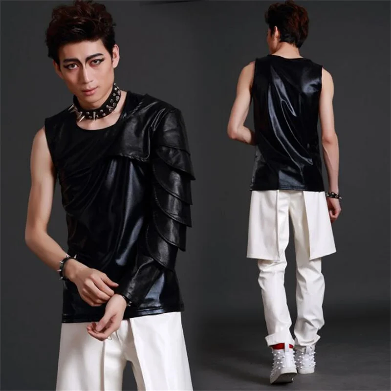 Black summer style personality slim male sleeveless vest men punk rock costumes hombre chalecos singer dance stage star fashion