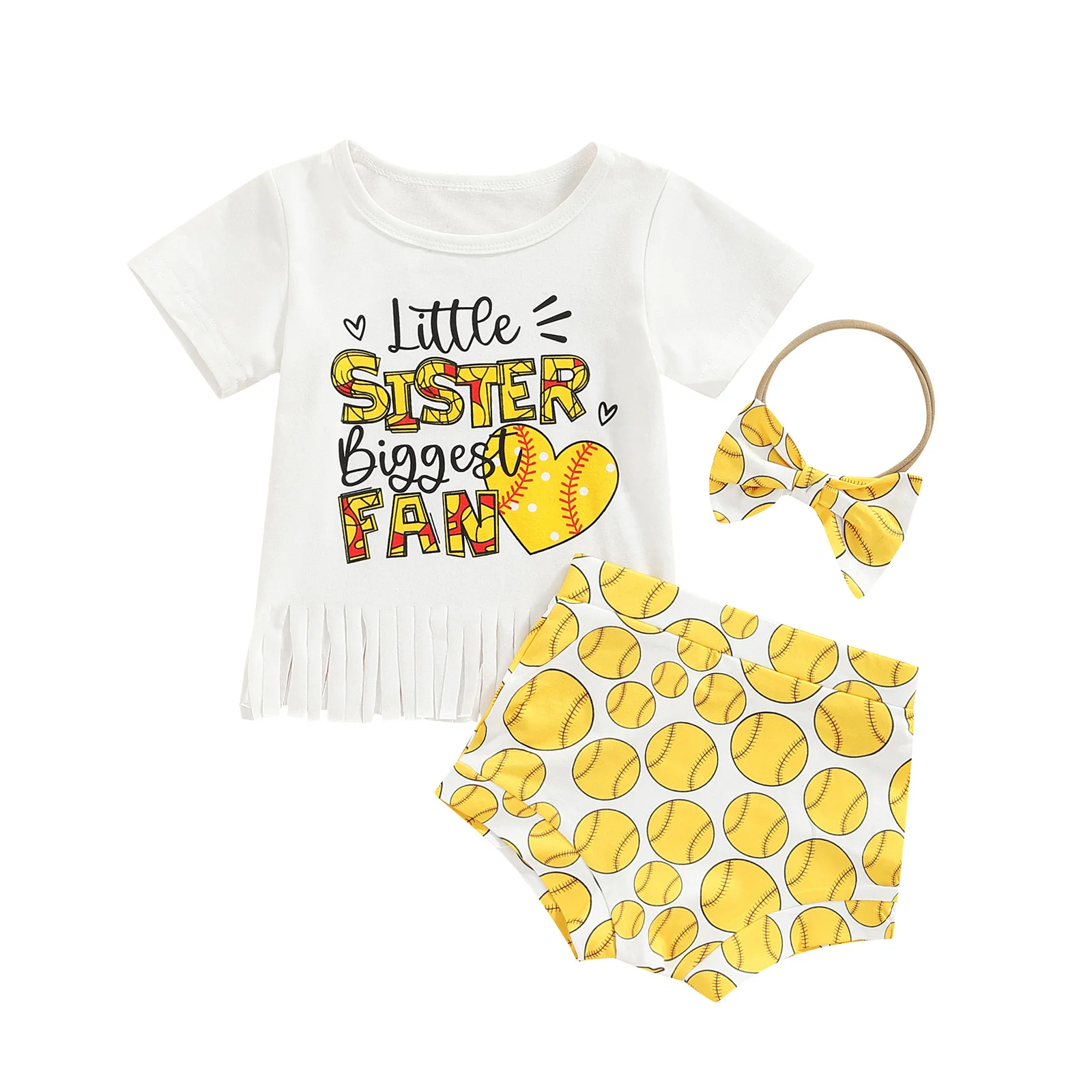 

2022-04-11 Lioraitiin 0-5Years Toddler Baby Girl 3Pcs Summer Clothing Short Sleeve Letter Tassel Shirt Ball Printed Shorts Set