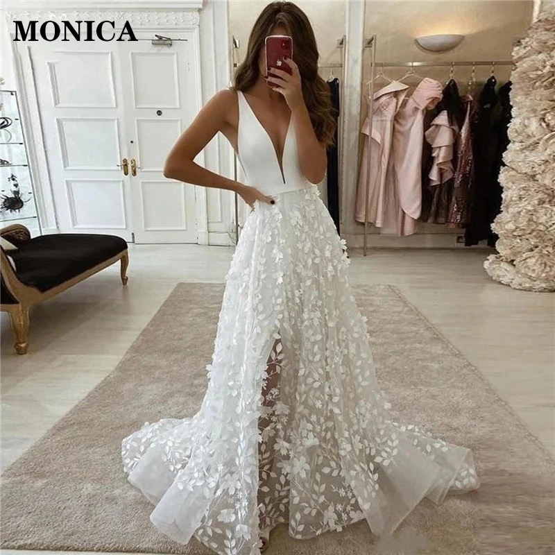 

Boho Wedding Dresses for Women 2022 V-Neck Side Slit Backless 3D Lace Bohemian Bride Dress Beach Bridal Gowns Vestido De Noiva