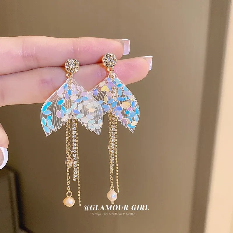 

Minar Fantasy AB Color Sequins Mermaid Tail Long Dangle Earrings for Women Freshwater Pearl Rhinestone Tassel Earring Jewelry
