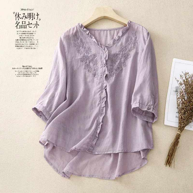 

Cotton and Linen Half Sleeved Embroidered Shirt for Women's 2023 Summer Thin Ear Lace V-neck Solid Color Pullover Shirt Top