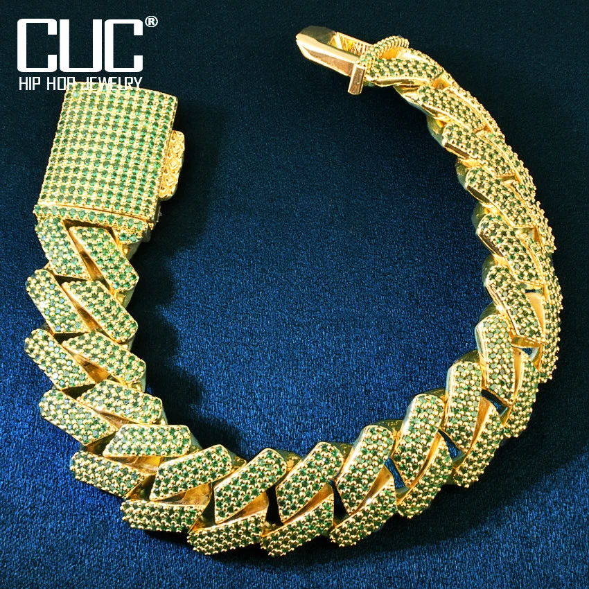 

CUC 19mm Green Miami Cuban Chain Men's HipHop Bracelet Gold Color Iced Out Zirconia Link Fashion Rock Rapper Jewelry