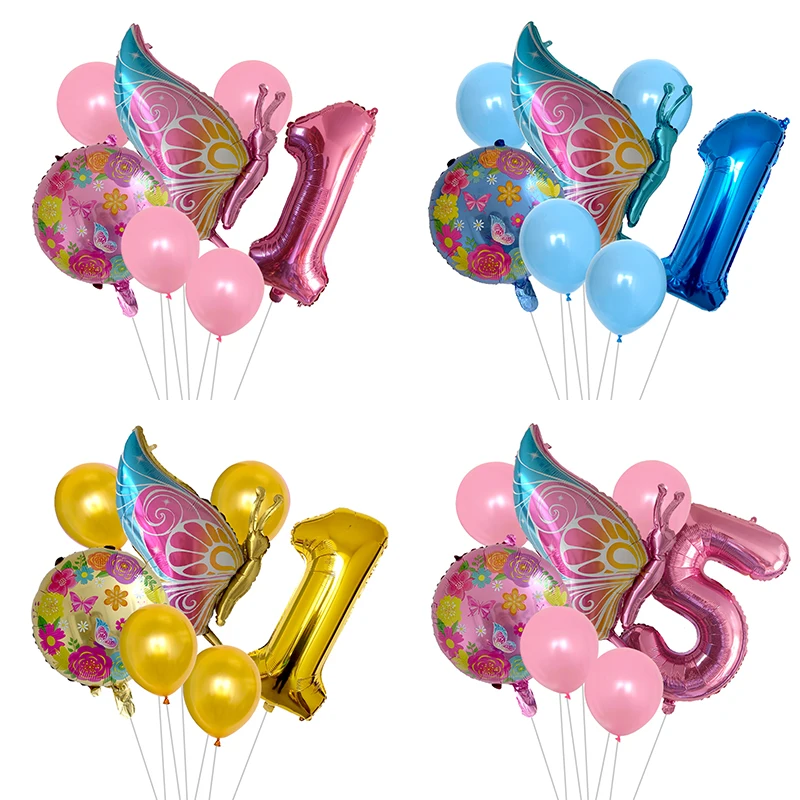 

7 pcs New Cartoon Butterfly Aluminum Foil Balloons Blue Gold Number Outdoor Activities Kid Toy Photo Props Birthday Party Decors