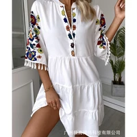womens vintage dress summer fashion loose pleated stitching tassel dress womens casual loose printed v neck pullover dress