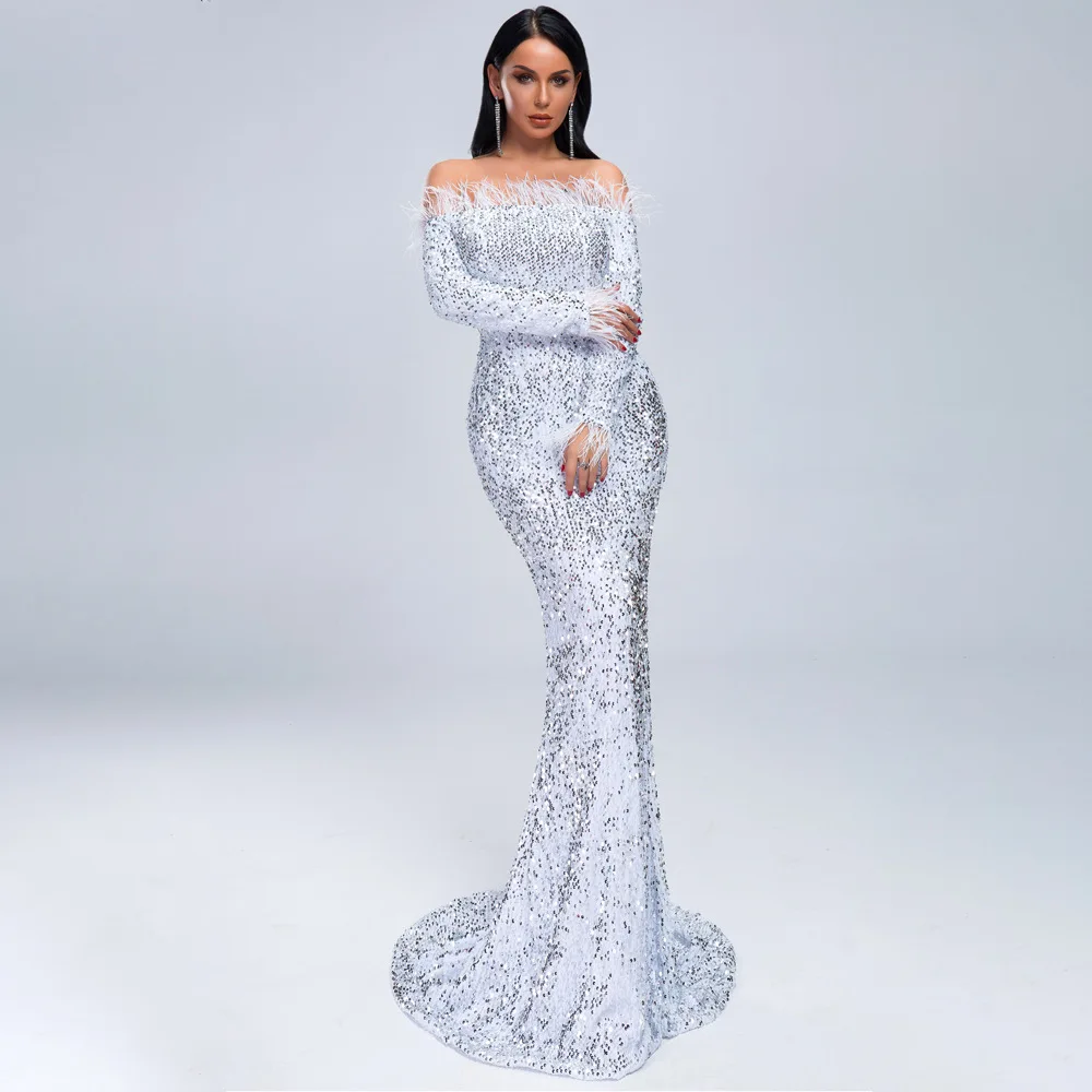 Sequins Evening Party Dress for Women Feather Trim Long Sleeve Banquet Gown Elegant Ladies Party Dresses for Women Vestidos