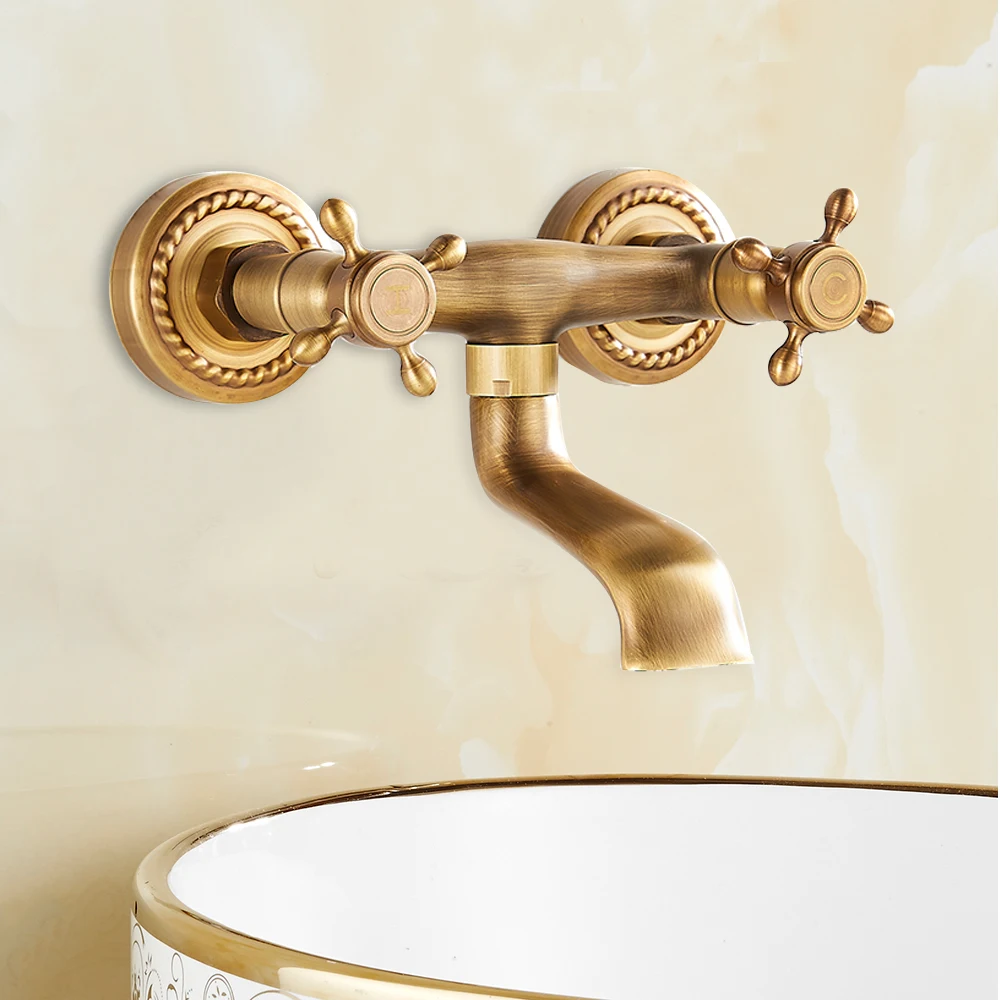 

Antique Copper Basin Mixer Tap Spout Sink Dual Handles Faucets Wall Mount Bathroom Tub Faucet Bath Room Fixture