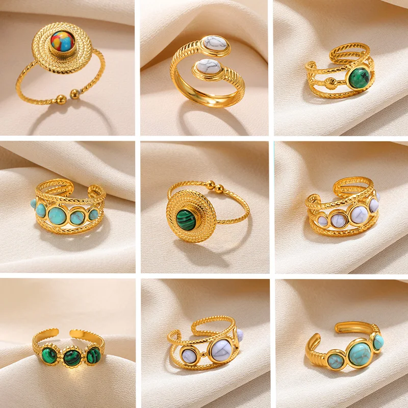 

Vintage Round Oval Natural Stone Rings For Women Stainless Steel Adjustment Hollow Geometric Ring anillos Fashion Jewelry Gift