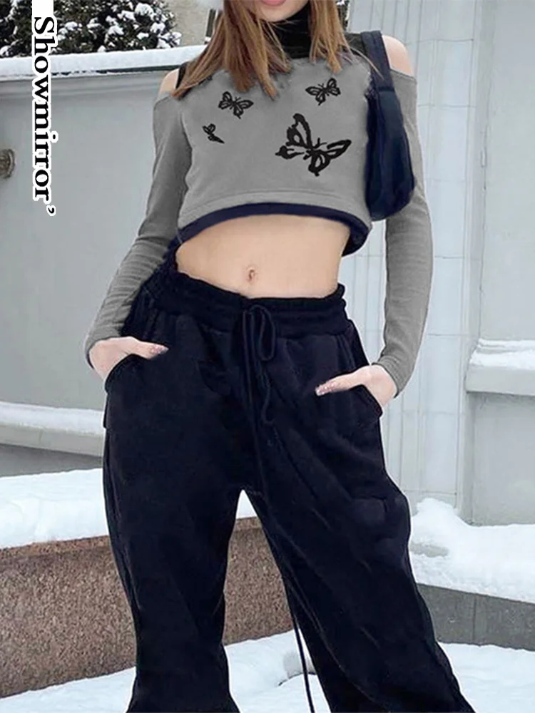 

Футболка Showmirror с открытыми плечами и длинным рукавом, Осенние Топы контрастных цветов в стиле пэчворк, водолазка с принтом бабочки, женская спортивная одежда