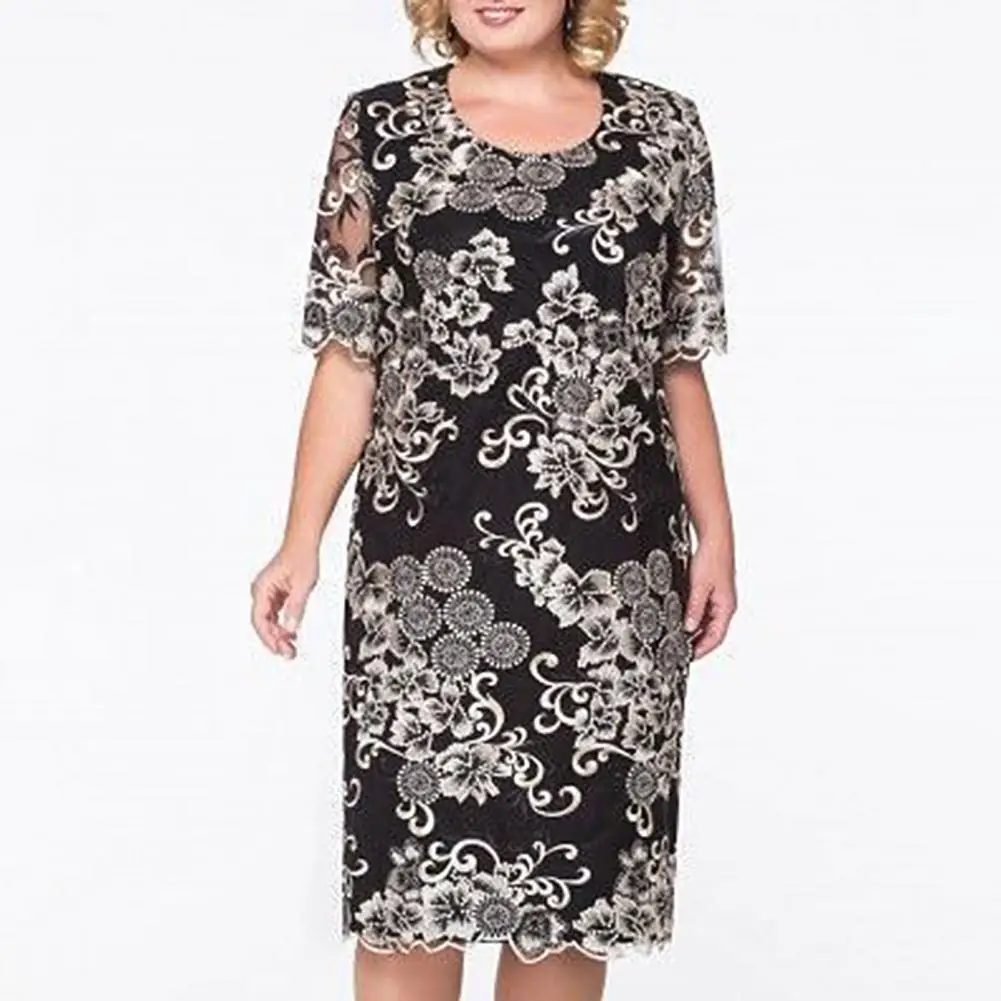

Zipper Lace Patchwork Flower Jacquard Party Dress Embroidery O Neck Women Dress Trendy Knee-length Evening Dress For Banquet
