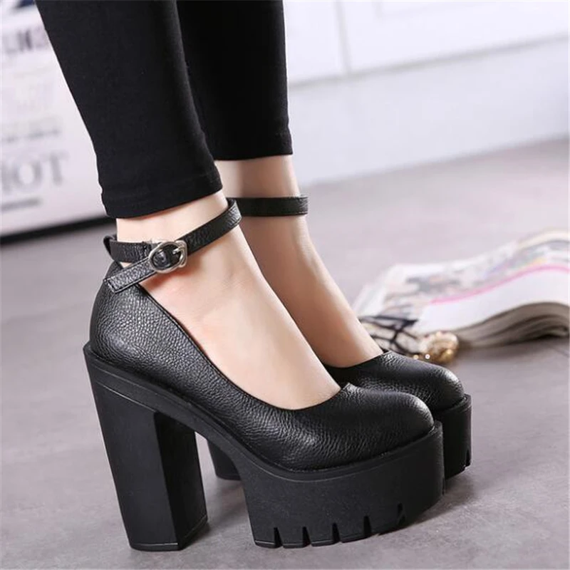 Woman Thick High Heels Shoes Ladies Sexy Platform Pumps Gothic Punk Style Ankle Strap Casual Shoes Ruslana Korshunova Model Pump