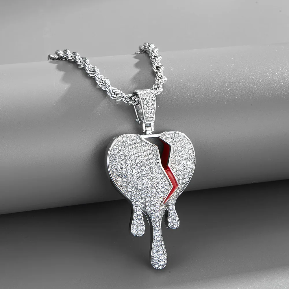 

HipHop Men Iced Out Chains Broken Heart Pendant Cuban Link Necklace Bling Zircon Chain Stainless Steel Rope Chain Choker Jewelry