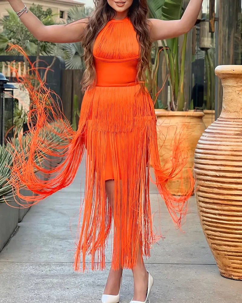 

2022 New Women's Dress Casual Women's Dress Orange Fashion Neck Drop Fringe Dress