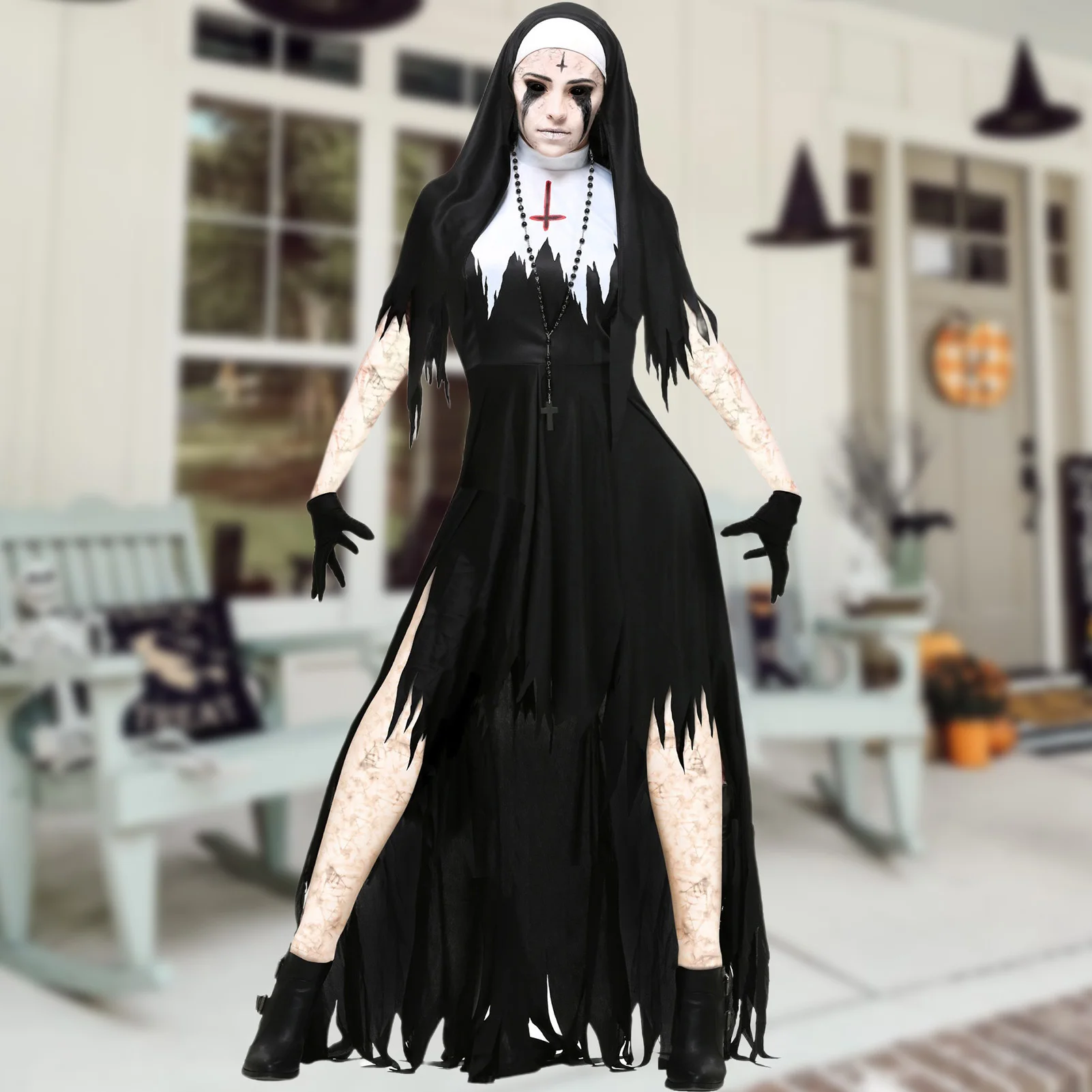 

Женский костюм монахини на Хэллоуин, костюм для косплея, длинное платье с принтом Креста, костюм для вечеринки