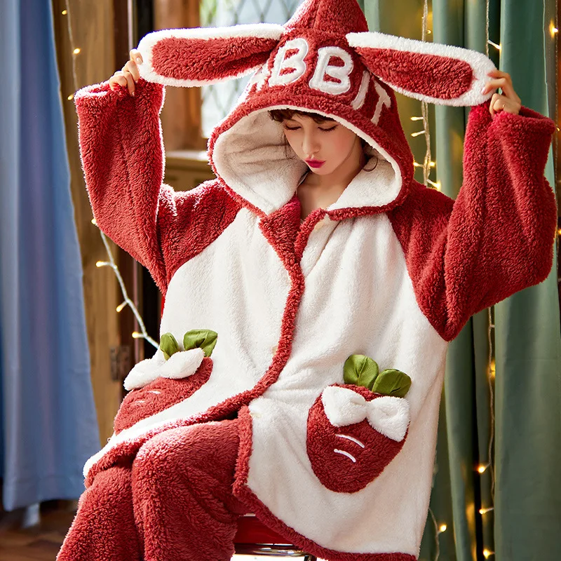 New Women Flannel Pajamas Women Winter Keep Warm Students Cute Cartoon Coral Fleece Robe Nightgown Comfortable Household Wear