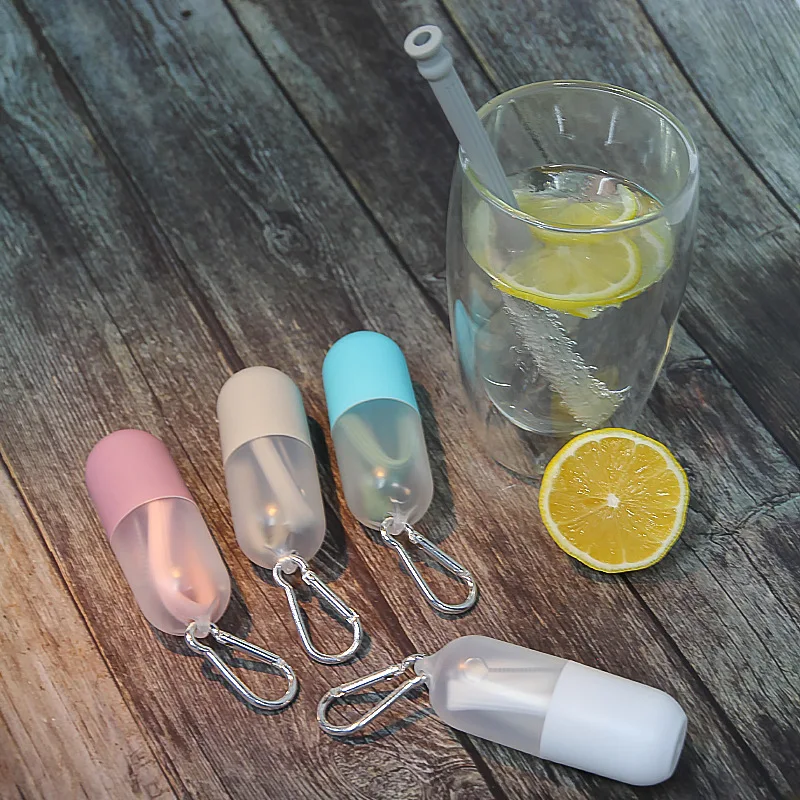 

Eco-Friendly Foldable Drinking Silicone Straw Reusable Colorful silicone straw with Carrying Case and Cleaning Brush Capsule