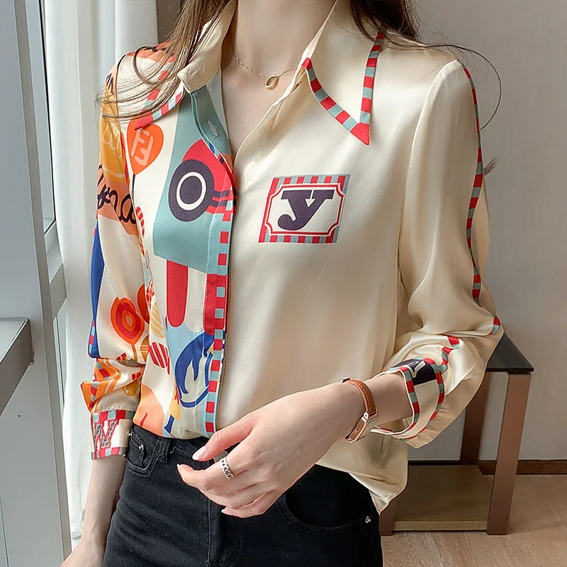 

Fashion large size stitching printed shirt 2021 spring and summer long-sleeved all-match OL shirt women