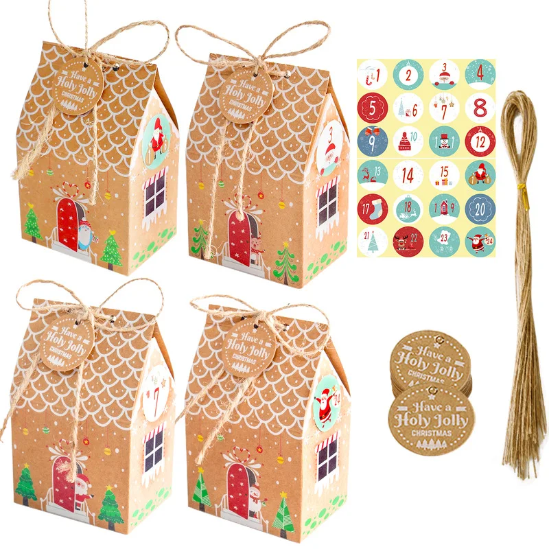 

24 шт. рождественские конфеты, коробки для подарков в форме домика, подарочные коробки из крафт-бумаги, Рождество, свадьба, день рождения, детский праздник