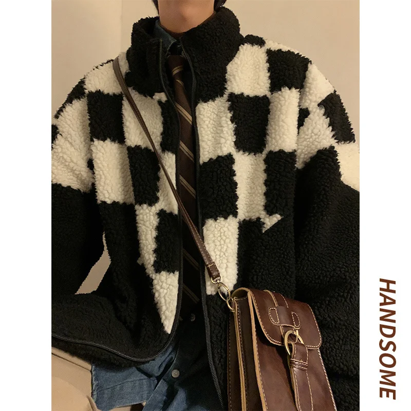 Winter Jacket Men Warm Fashion Thickened Lamb Wool Jacket Men Streetwear Korean Loose Short Coat Mens Thick Plaid Jackets M-3XL