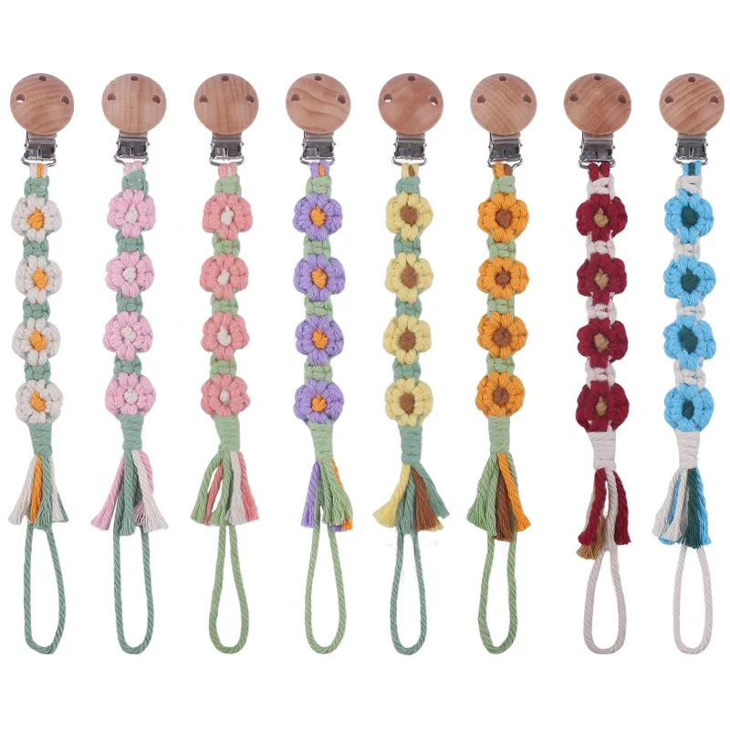 

Newborn Baby Supplies Cartoon Beech Wood Pacifier Clip DIY Creative Four Flowers Pure Hand Woven Cotton Rope Pacifier Chain