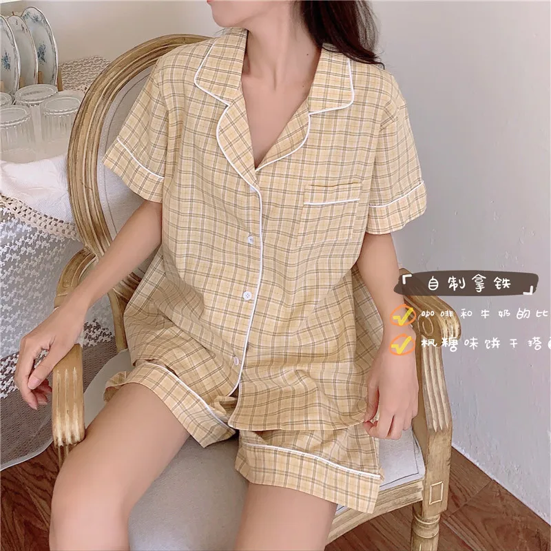

Summer Pajamas Women's Short-Sleeved Shorts Lapel Cardigan Korean Style Sweet Student Homewear Pairs Short Suit Pure Yellow Plai