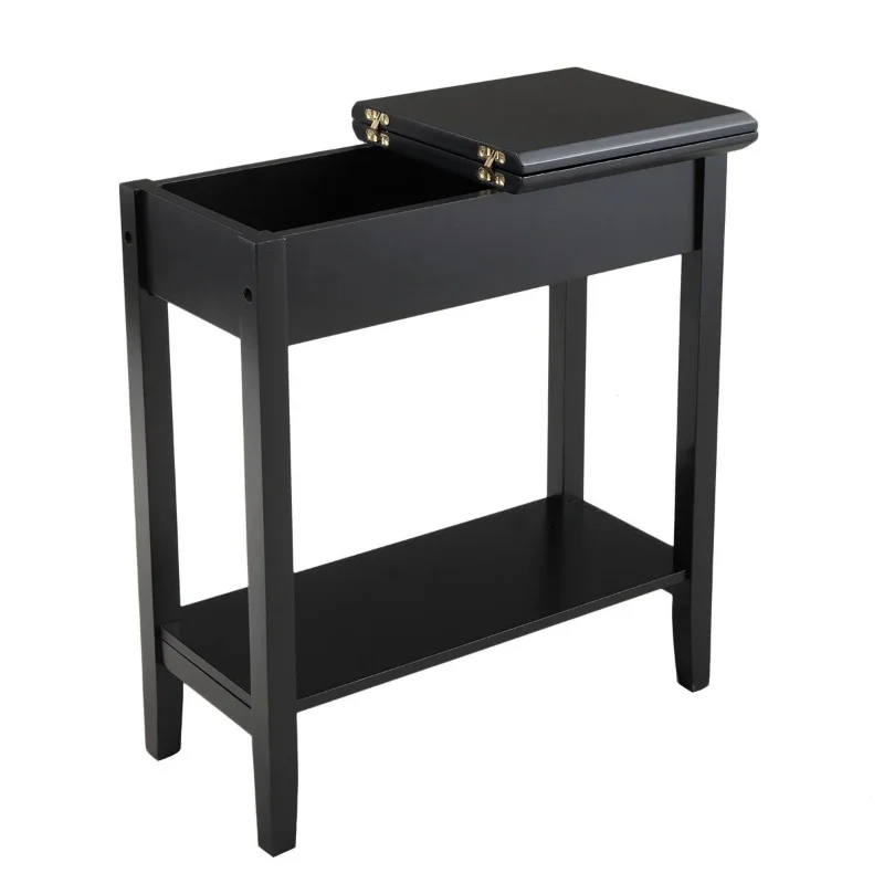 

American Heritage Flip Top End Table Narrow Side Table with Storage Shelf - Black Black Solid Wood [US Stock]
