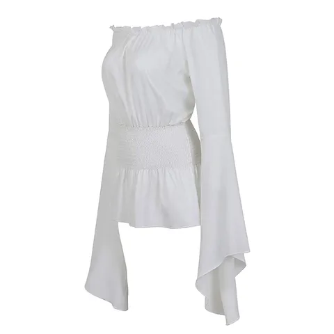 Women Gothic Renaissance Blouse Flare Sleeves Ruffles Off Shoulder Corset Tops Victorian Cosplay Costume Medieval Pirate Shirt
