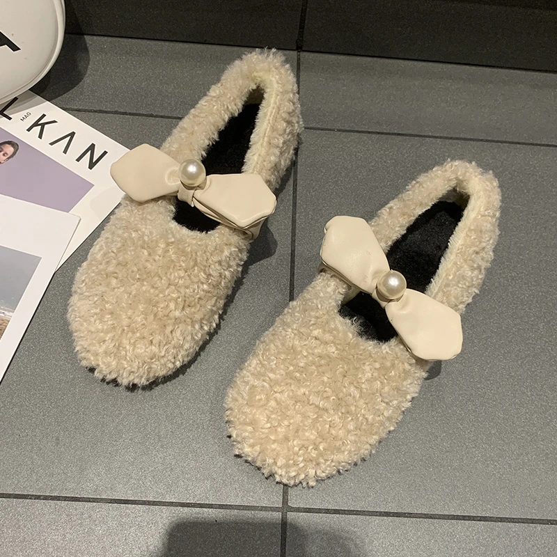 

Hairy Shoes Women's Winter Wear Net Red Bow 2021 New Fashion Autumn and Winter Plus Velvet Warm Sheep Curls and Beanie Shoes