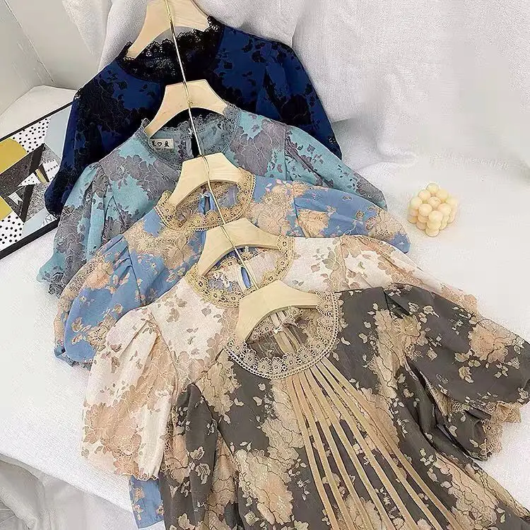 

E GIRLS E GIRLS Korean Office Lady Lace Patchwork O Neck Women Blouses Vintage Elegant Puff Sleeve Female Shirts Summer Blusas