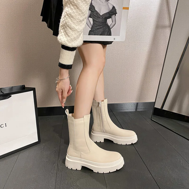 Women's Autumn Shoes Chunky Heel Chelsea Boots Genuine Leather Lug Block-Heel Ankle Boots Thick Bottom Shoes Winter Brand New