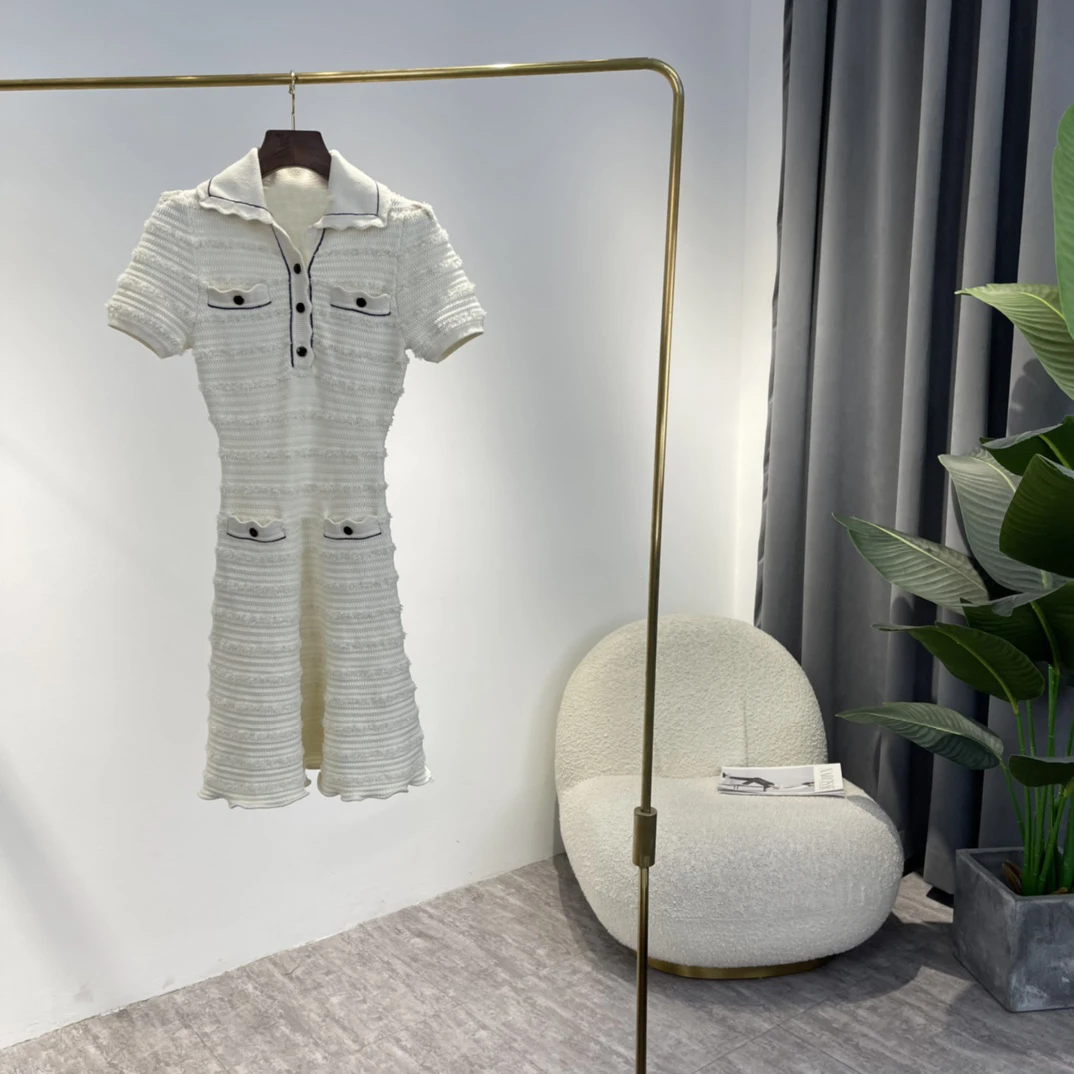 

Elegant Office Lady White Polo-neck A-line Short Sleeve Pocket Mini Dress 2022 Summer New Top Quality Women Clothing