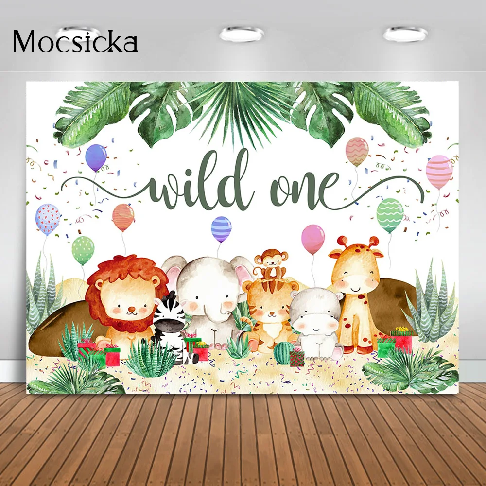 

Mocsicka Wild One Cartoon Theme Cake Table Photography Backdrop Animals Balloon Shrub Decoration Children's Photocall Background