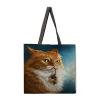 custom handbag shopping oil painting cat print womens handbag linen handbag printed with print logo leisure beach travel bag