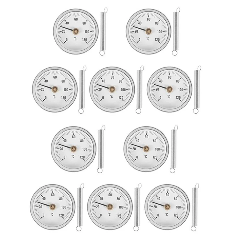 

10 PCS Pipe Clip-On Dial Thermometer Temperature Round Plate Gauge With Spring,Range 0-120℃, Aluminum Case