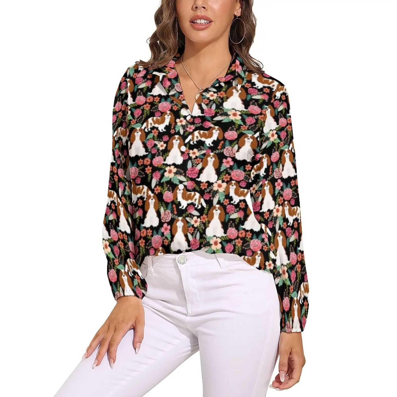 

Dog Blouse Cavalier Pullover Kawaii Social Shirt Woman Streetwear Top Shirts