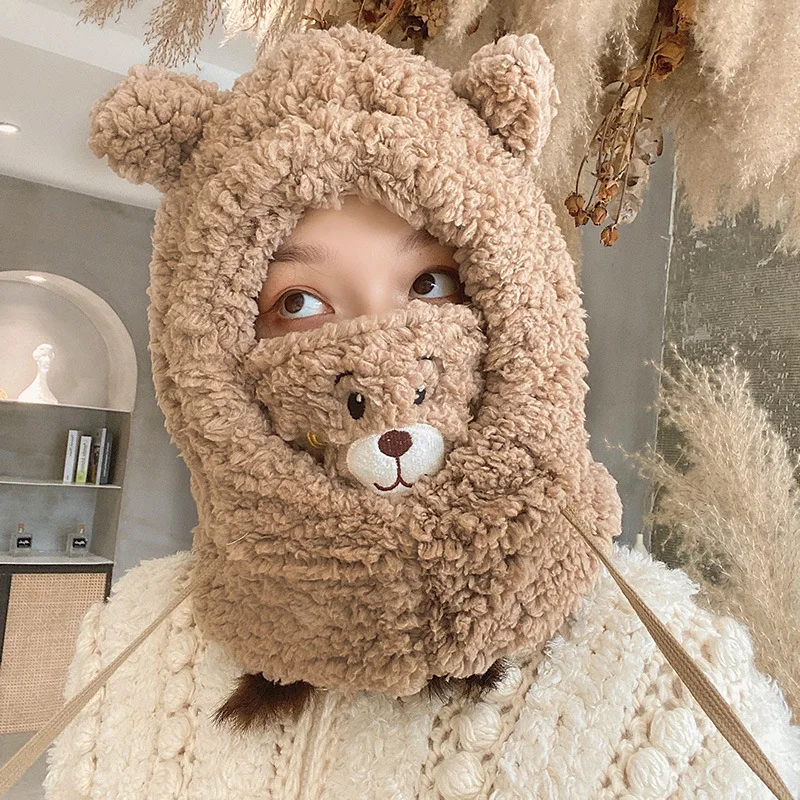 

New Fashion Plush Scarf Collar Cap Bear Design Drawstring Hood Cute Winter Hat Full Cover Windproof Face Cover for Cycling Ski