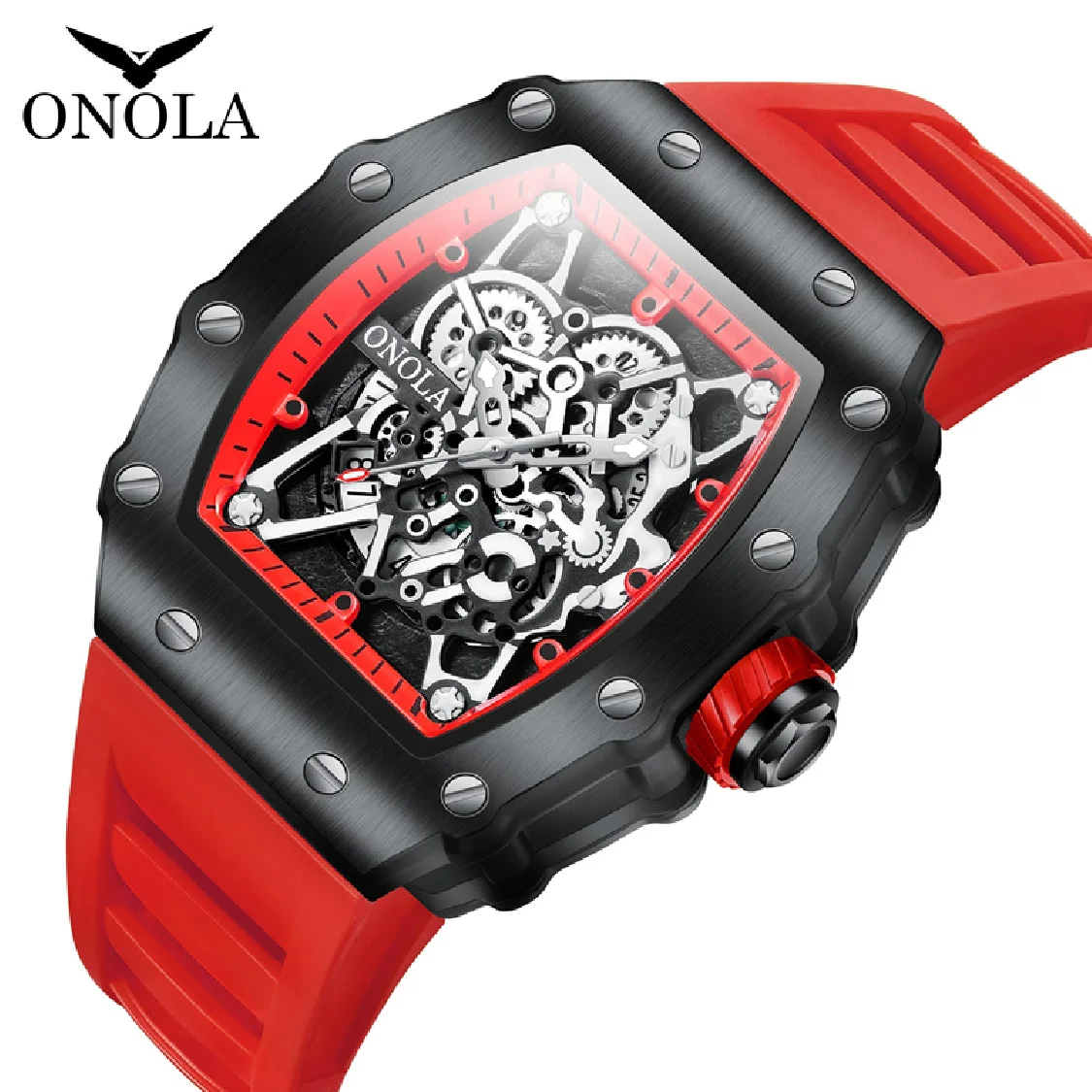 

ONOLA Fashion Top Luxury Brand Watch Quartz Waterproof Sports Men's Wristwatch Clock Red Silicone Strap Watches Men Reloj