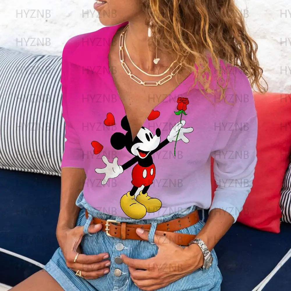 

V-Neck Y2k Clothes Polo Shirts Kawaii Long Sleeves Kpop Cool Top Disney T Shirt Sexy Tops Women 2022 Summer Minnie Mouse Mickey