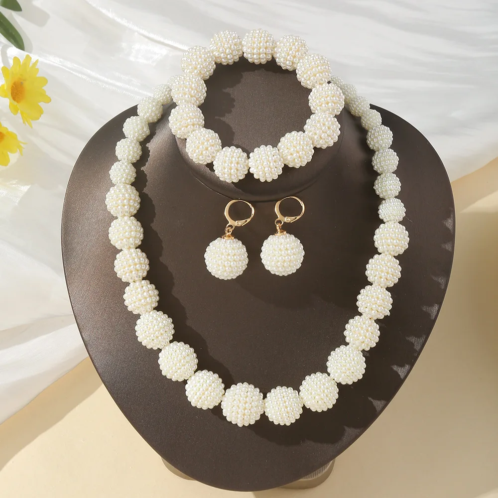 

3PCS/SET White Pearls Big Statement Women Trendy Pearl Earrings Necklace Bracelet Jewelry Set Wedding Party Pearl Sets