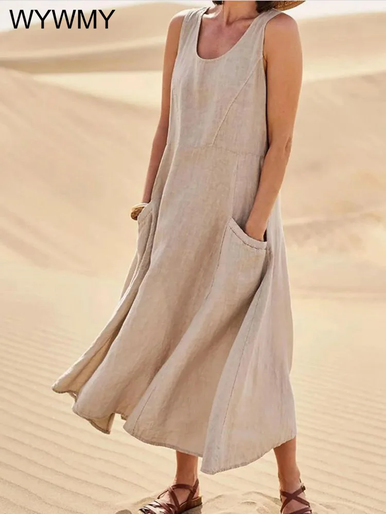 

WYWMY Summer Women Dress Sleeveless Sundress Elegant O Neck Cotton Linen Solid Long Tank Dress Vintage Pockets Beach Vestidos